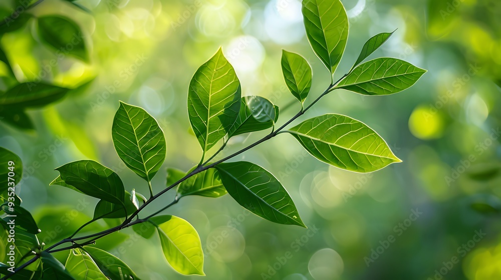 Wall mural Green foliage of a camphor branch or cinnamon camphora on a backdrop of nature