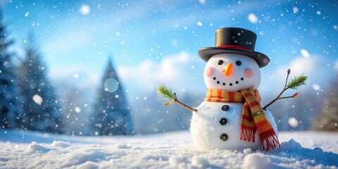 Smiley snowman with carrot nose and top hat surrounded by snow in winter season, Snowman, winter, Christmas, holiday