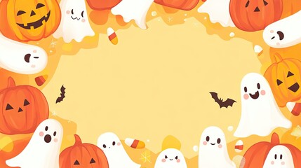 Fototapeta premium A cute Halloween background with smiling pumpkins, candy corn, and friendly ghosts around a blank copy space.