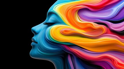 A colorful painting of a woman's face with a rainbow-colored hair. The painting is abstract and has a vibrant and lively mood