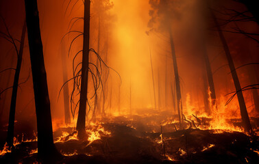 The forest is under threat from a severe wildfire, posing a danger to the ecosystem and jeopardizing the plant life. Significant environmental hazard to the flora and overall environment