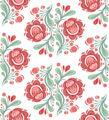 Decorative vector Slavic pattern with red flowers. Folk floral textile. National surface design with poppies and foliage
