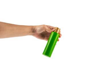 Green shampoo bottle in hand isolated on transparent background