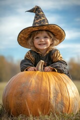 Cute little kid wearing a halloween wizard hat sitting on a giant pumpkin against a blue sky background