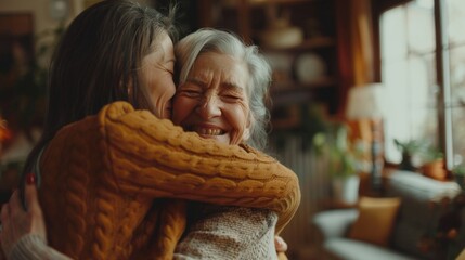 In a warm and inviting living room, a woman embraces her senior mother, expressing deep affection and connection, showcasing a beautiful moment of love and family togetherness