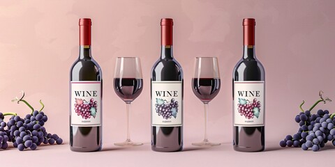 Collection of wine labels featuring minimalist and contemporary designs in soft colors with an illustration of grapes.