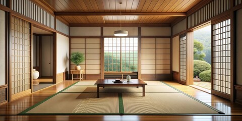 Minimalist traditional Japanese living room with tatami flooring and sliding shoji doors , serene, Zen
