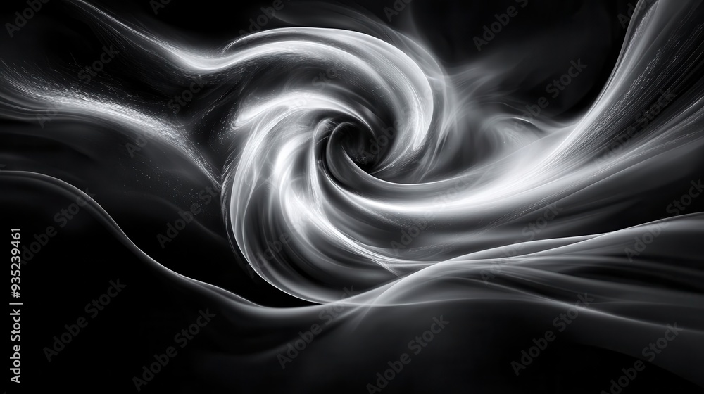 Poster abstract swirling light and dark pattern with a central vortex.