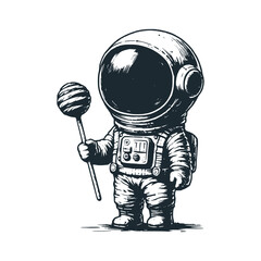 cute astronaut holding a lollipop. Black white vector icon and logo illustration.