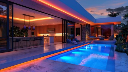 Obraz premium Transform your kitchen into an inviting entertainment zone with a large TV screen and LED strips illuminating the island counter