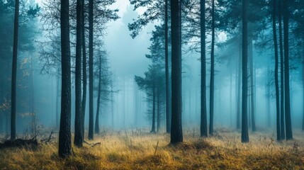 Misty forest with tall trees, a path disappearing into the fog.