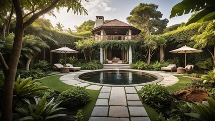 Tropical garden with a small pool, wooden deck and loungers.