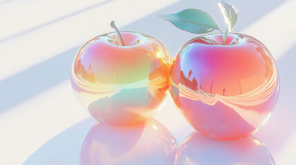 A glass apples with reflective vibrants colors is placed on a pastel background. Dreamy aesthetic, modern elegance and purity