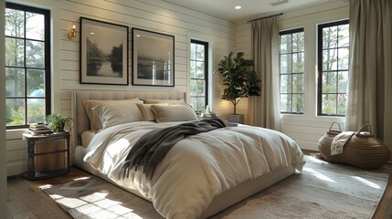 Obraz premium Modern Bedroom Decor with Sunlight, Comfortable Furniture