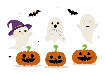 Halloween Pumpkins and Ghosts. Cute characters in flat style. Set of elements for design, stickers, scrapbooking. 
