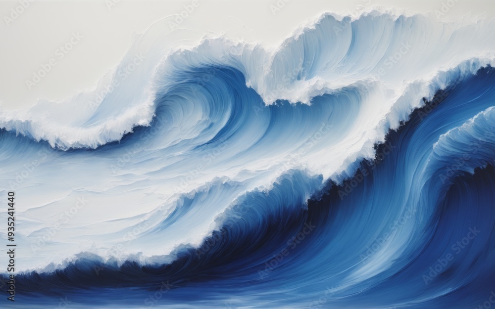 Poster abstract blue and white painting with dynamic wave patterns on a