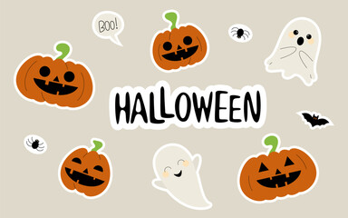 Jack o lantern and ghosts. Halloween lettering. Set of halloween stickers. Elements for design, scrapbooking, sticker, card, poster.