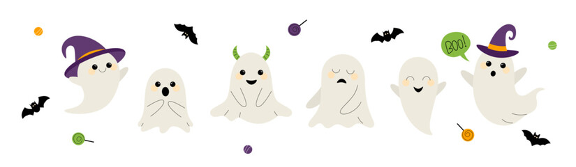 Halloween set of Ghosts on white background. Cute scary characters for design, sticker, banner, card, invitation, poster, flyer. 