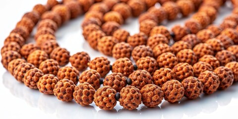 Close-up of Japa mala prayer beads made from rudraksha seeds , Meditation, spirituality, Hinduism, religion, traditional