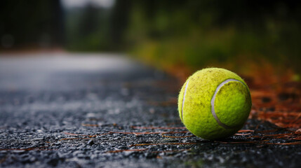 A bright yellow tennis ball lies on a wet trail, surrounded by greenery, suggesting a recent game and a tranquil moment in nature during the day