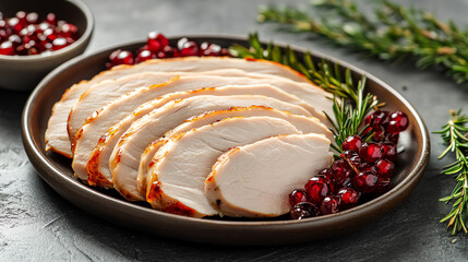 Sliced roasted turkey breast on a plate with pomegranate seeds and rosemary.