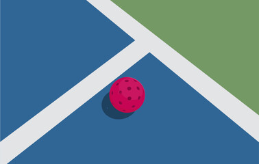 Pink pickleball ball in a pickleball court vector illustration.