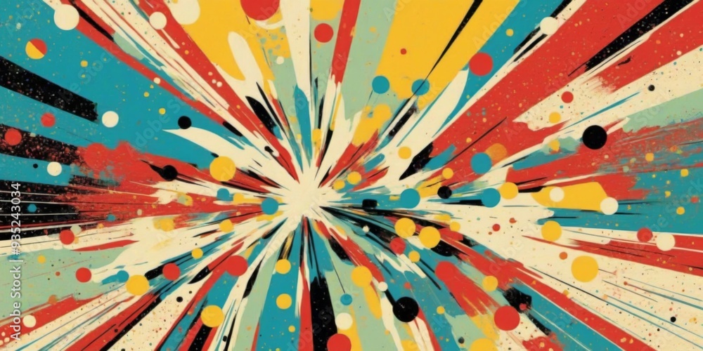 Poster colorful abstract background with burst of lines and dots in rad