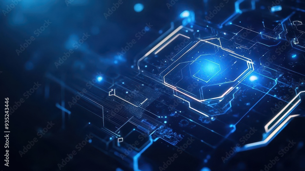 Aufkleber abstract digital technology background with glowing blue circuit board and processor.