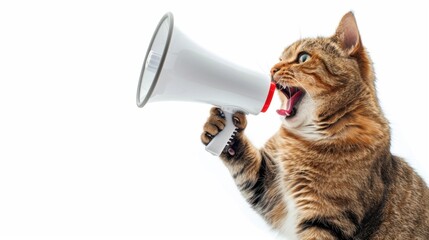 A cat holding a megaphone with its mouth open, set against a white background, used for promotional and advertising purposes
