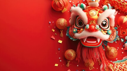 Fototapeta premium A vibrant Chinese New Year scene with dragon dance elements, leaving a clear area for text or greetings.