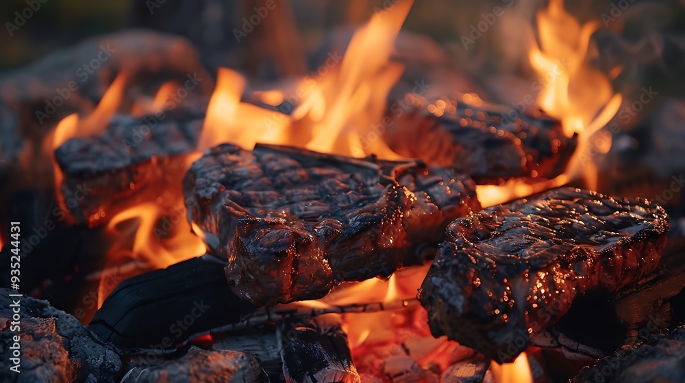 Wall mural grilled beef steaks at dusk with flames