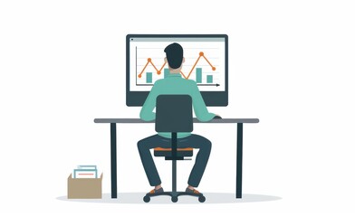 A man sits at a computer, analyzing charts and data on a white background, creating a modern and professional analytical scene
