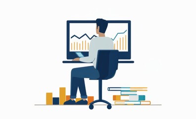 A man sits at a computer, analyzing charts and data on a white background, creating a modern and professional analytical scene