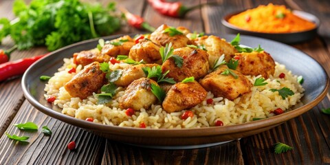 Delicious rice with tender chicken pieces and flavorful seasoning , food, plate, meal, delicious, Asian, cuisine, savory, lunch