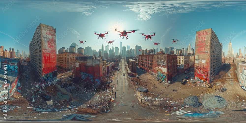 Poster an immersive 360-degree equirectangular spherical panorama of sleek autonomous delivery drones navig