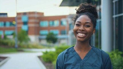 Fototapeta premium A young woman wearing medical scrubs stands outside a healthcare facility, smiling brightly as she enjoys a sunny day. Her cheerful demeanor reflects her positive attitude