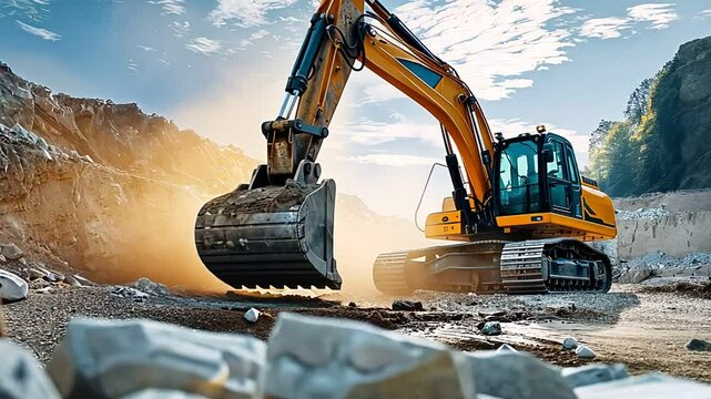 Excavator at a construction site during sunset