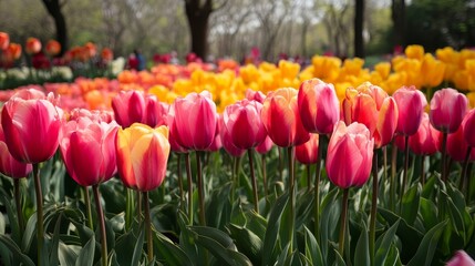 A vibrant field of blooming tulips in various colors, showcasing nature's beauty in a serene landscape.