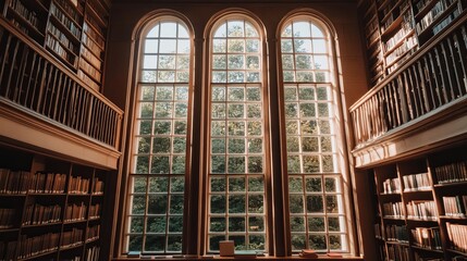 Sunlit Serenity: A tranquil library interior bathed in sunlight through towering windows, illuminating the shelves of books.