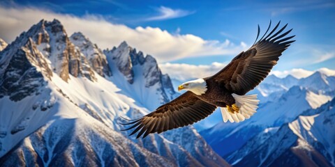 Bald eagle flying over snowy mountain range, bald eagle, majestic, snowy, mountain, range, wildlife, bird, flying, majestic