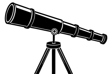 Vintage Telescope: A classic black and white illustration of a vintage telescope on a tripod, perfect for themes of exploration, discovery, and adventure.  