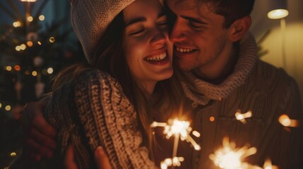 A young couple embraces joyfully, smiling and holding sparklers on a cozy winter night. Festive lights create a warm atmosphere around them as they celebrate together