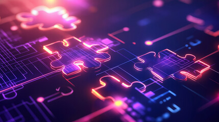 API integration concept with neon puzzle pieces interlocking on a futuristic digital background, emphasizing smooth connectivity and system interoperability