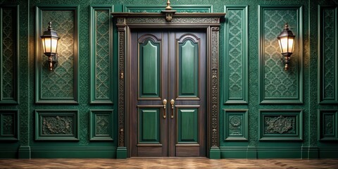 Luxurious entryway featuring deep emerald green door with silver patterns