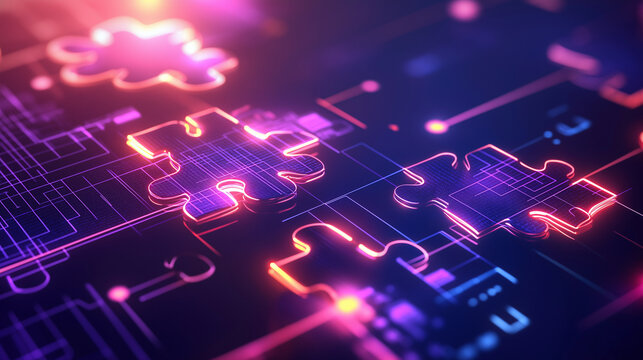 API integration concept with neon puzzle pieces interlocking on a futuristic digital background, emphasizing smooth connectivity and system interoperability