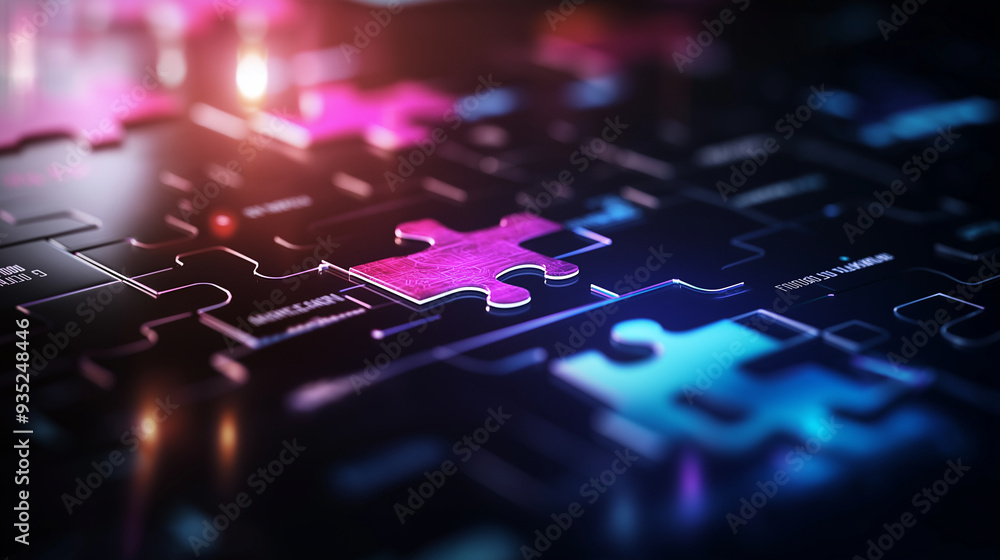 Poster neon-lit puzzle pieces fitting together on a sleek, tech-inspired background, illustrating the smoot