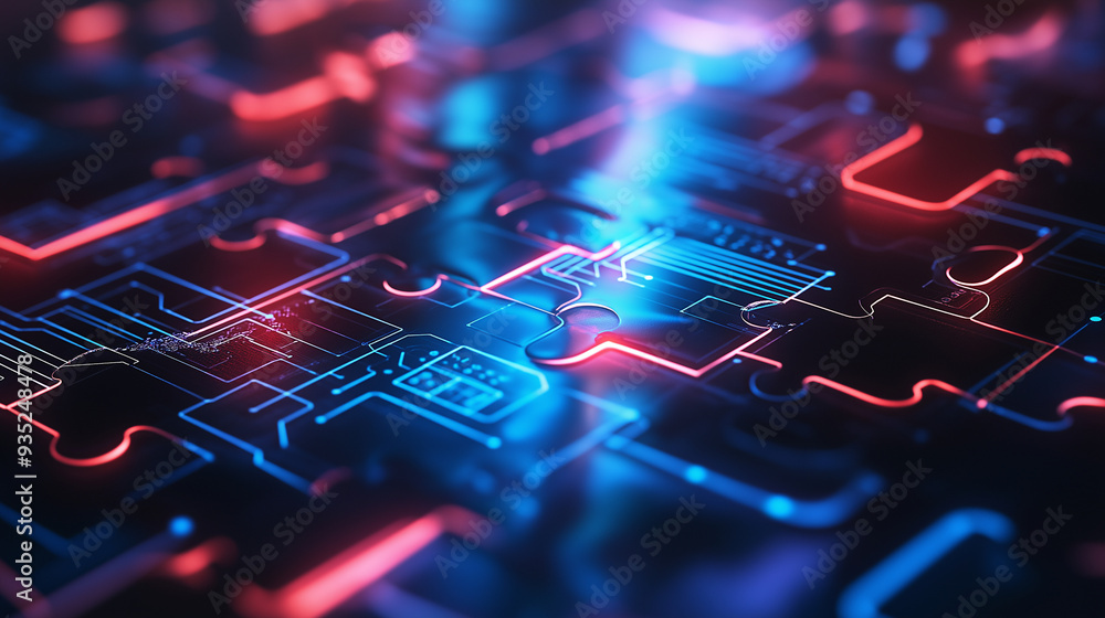 Aufkleber neon-lit puzzle pieces fitting together on a sleek, tech-inspired background, illustrating the smoot