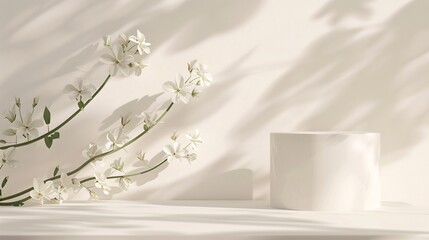 5. An artistic and minimalistic display case with a cylinder podium, decorated with pure white flowers and dynamic geometric shadows, creating an abstract environment for an elegant cosmetic product