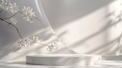 3. A minimalist cosmetic product presentation setup with a cylinder podium, decorated with pure white flowers and set against a backdrop of geometric shapes casting dynamic shadows, perfect for an
