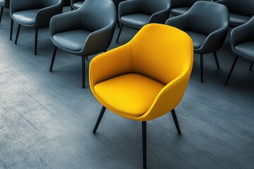 Vibrant yellow chair contrasting with a group of dark chairs in a professional environment